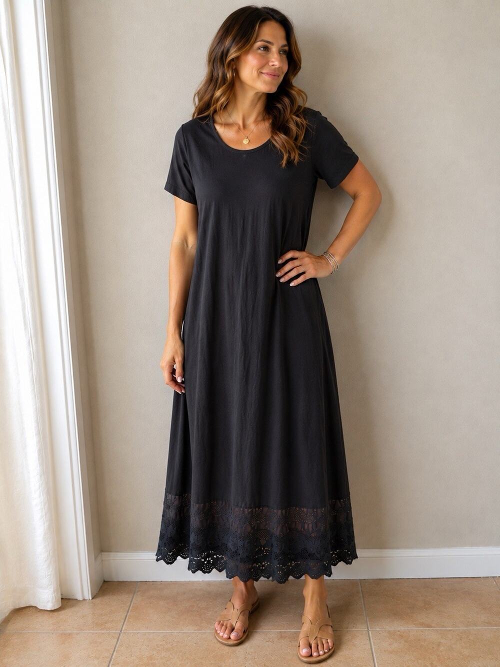 LOGO Lavish Womens XL Black Maxi Dress Embroidered Eyelet Hem Cotton Pockets